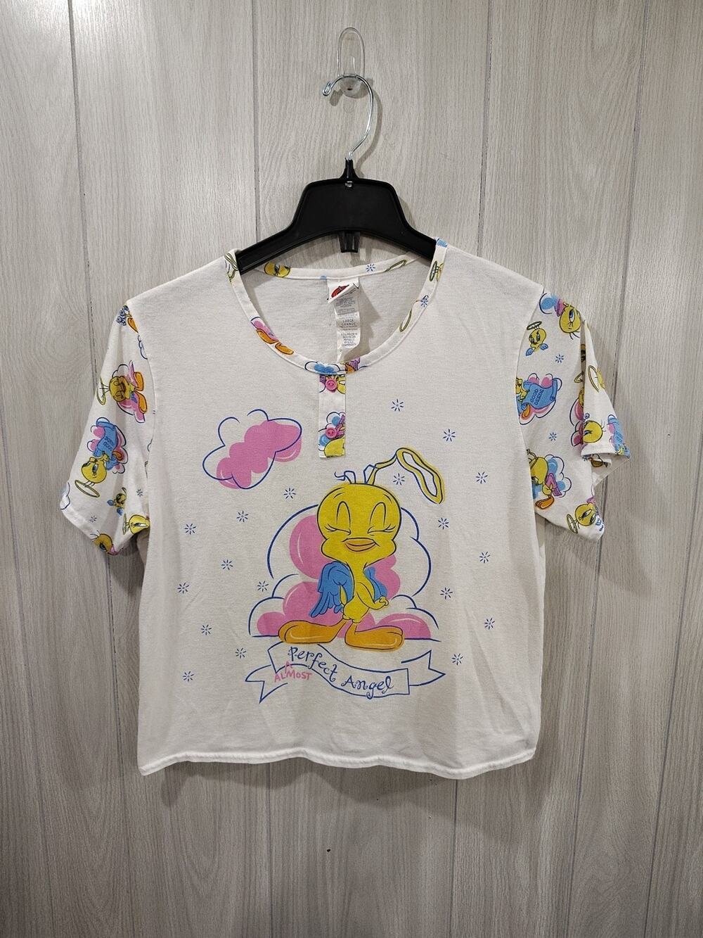 Vintage Looney Tunes Tweety Bird Perfect Angel Almost Henley Size L Y2K 90s 80s